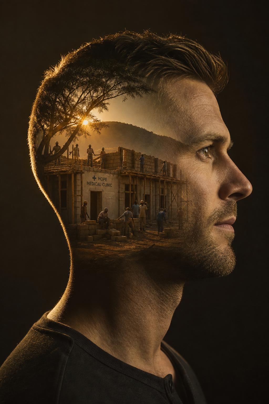 Side profile silhouette of a young entrepreneur, with a clinic being built in East Africa revealed inside the silhouette.